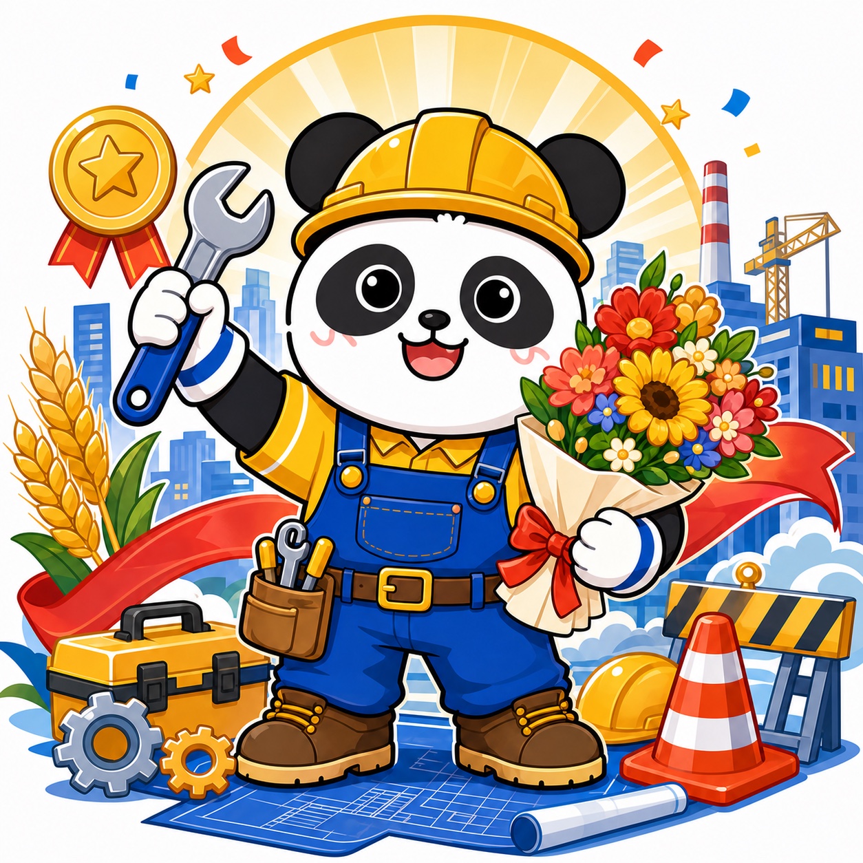 熊猫俊宇劳动节主题插画