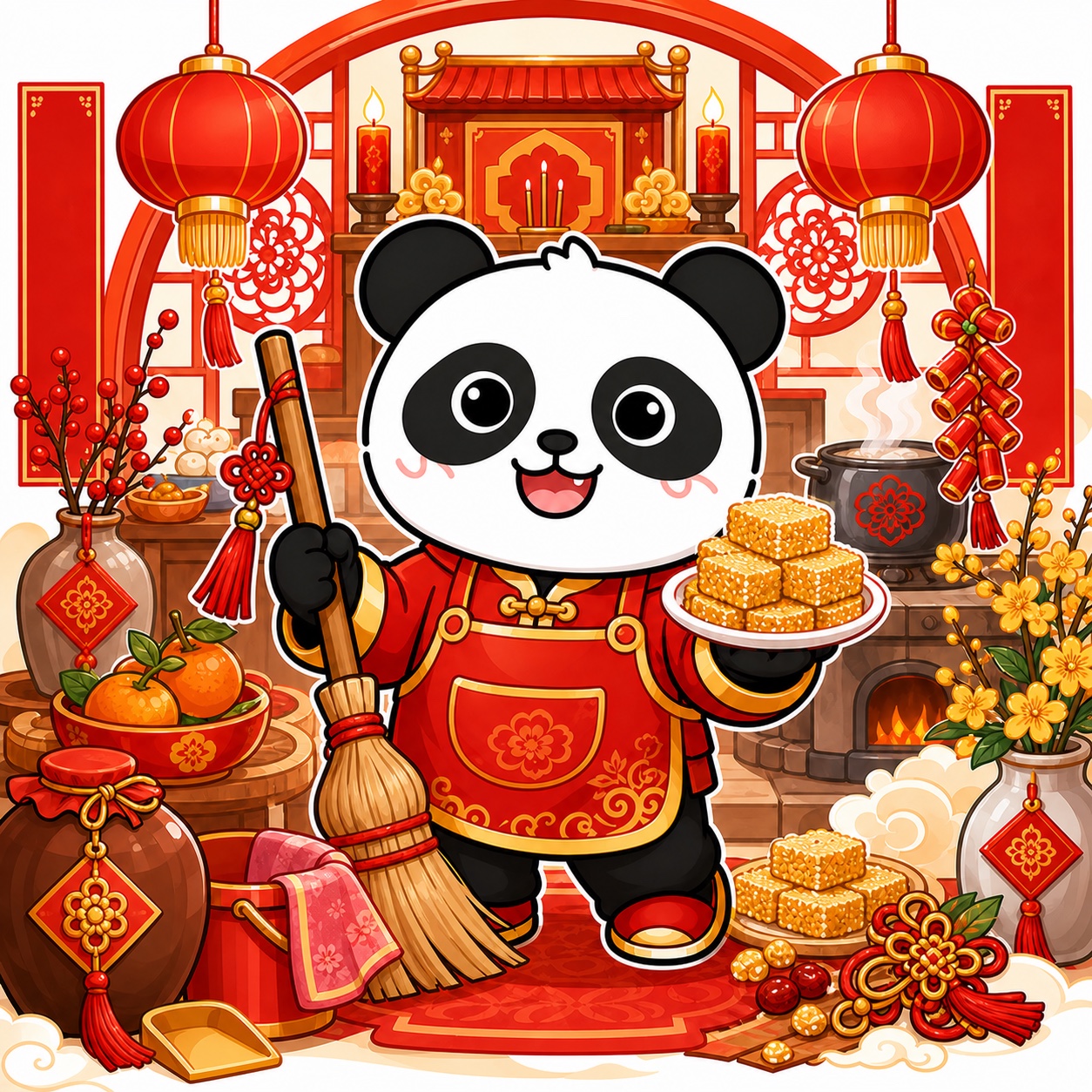 熊猫俊宇小年扫尘迎新主题插画