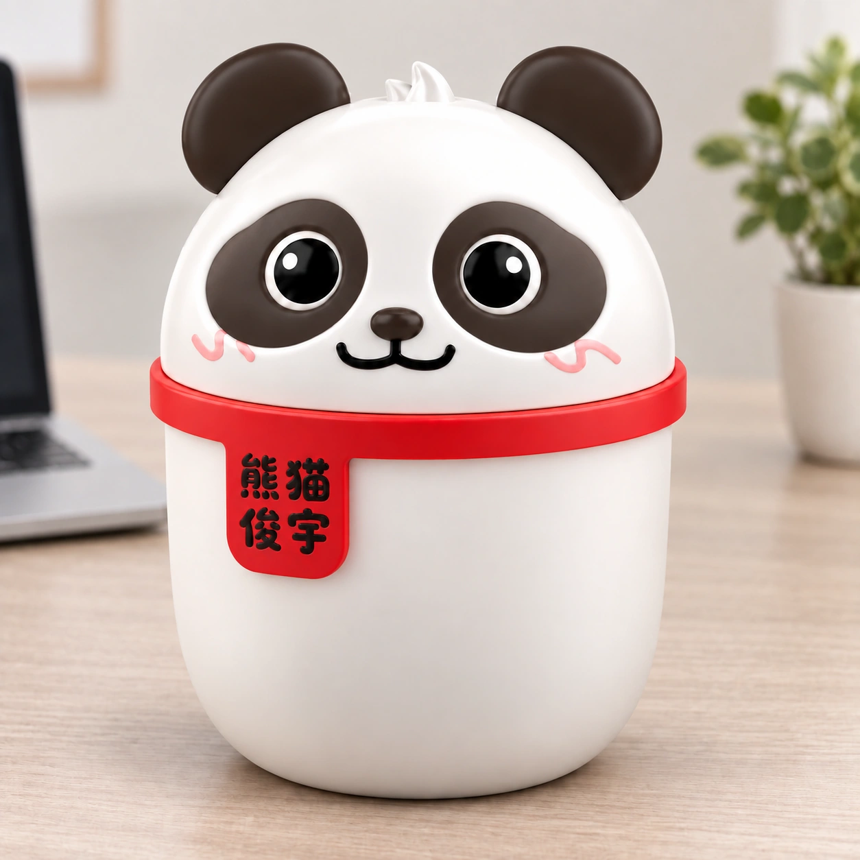 熊猫俊宇桌面收纳桶概念图，浅色桌面上的熊猫头闭合造型