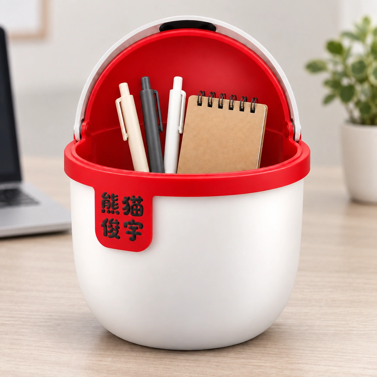熊猫俊宇桌面收纳桶概念图，浅色桌面上打开红色内盖展示收纳空间