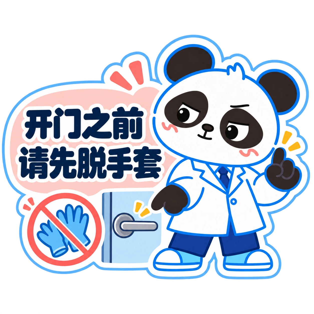 熊猫俊宇实验室提示贴纸《开门之前 · 请先脱手套》