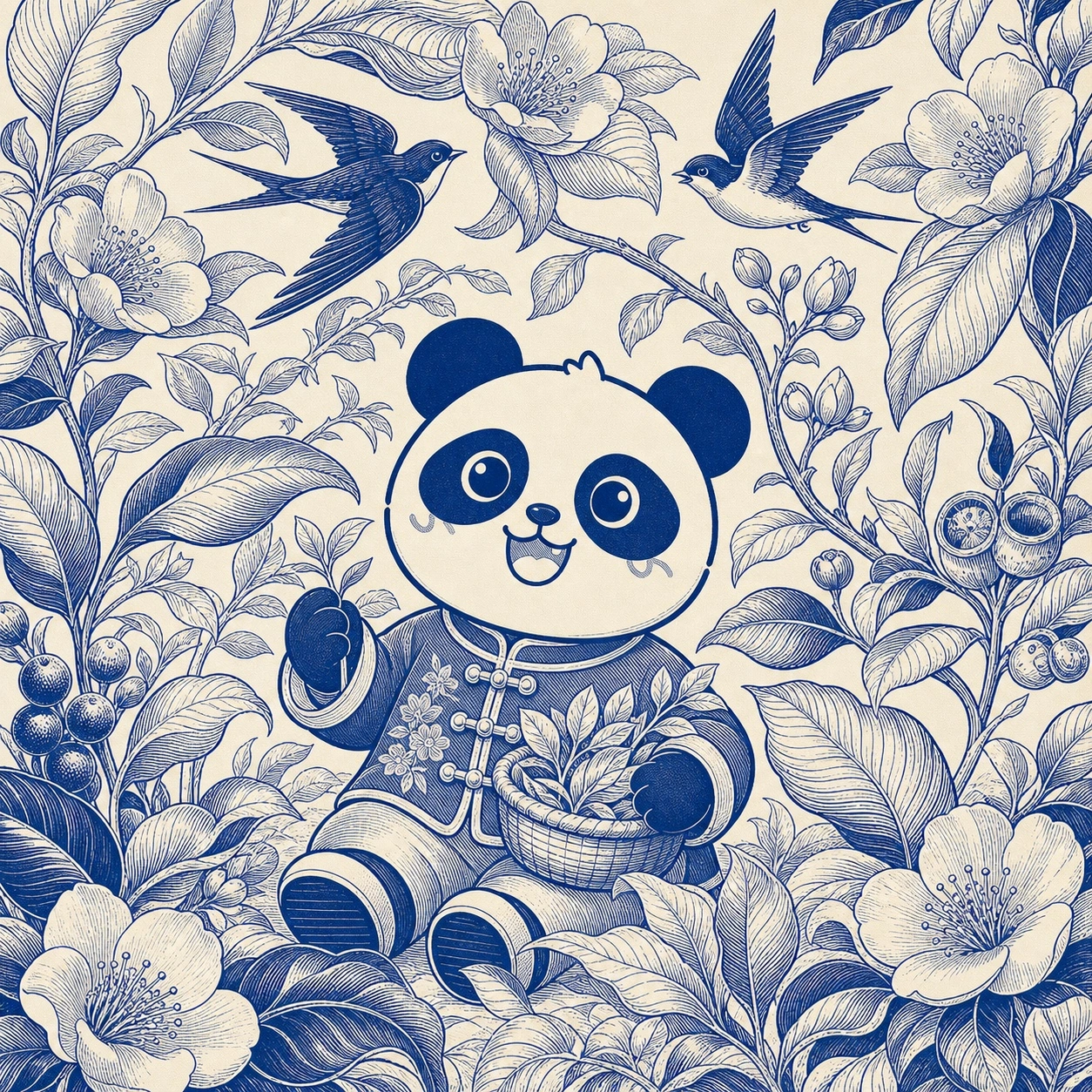 蓝白植物线描系列作品《茶树双燕》
