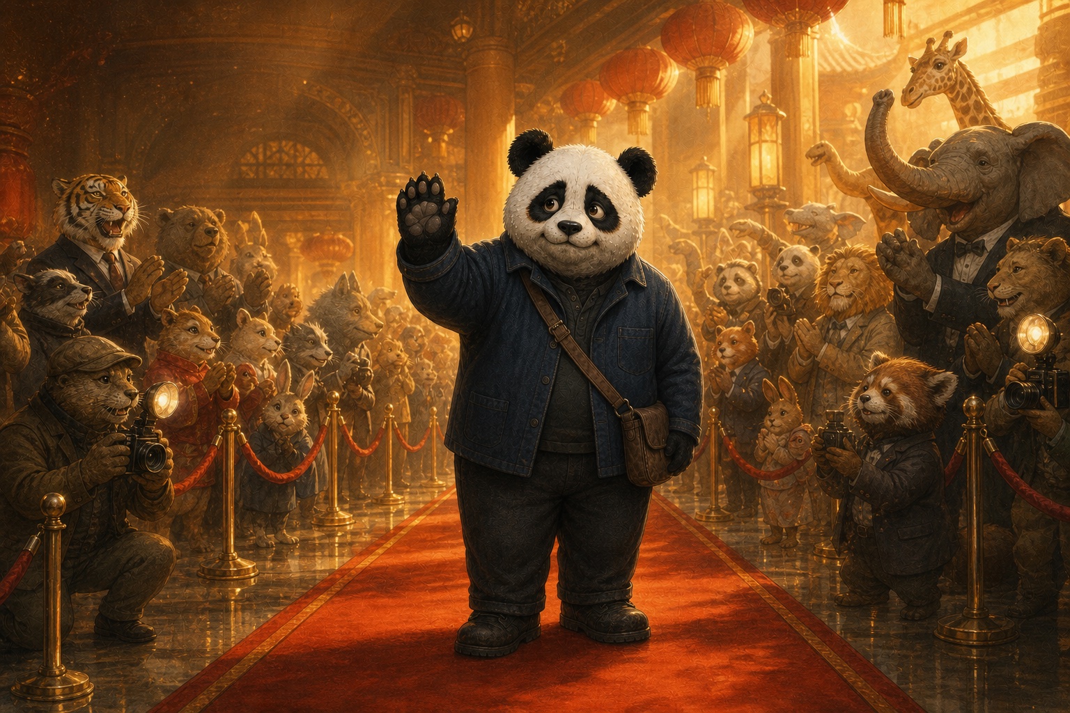 第一章第一页，熊猫仁杰在聚光灯与掌声中挥手