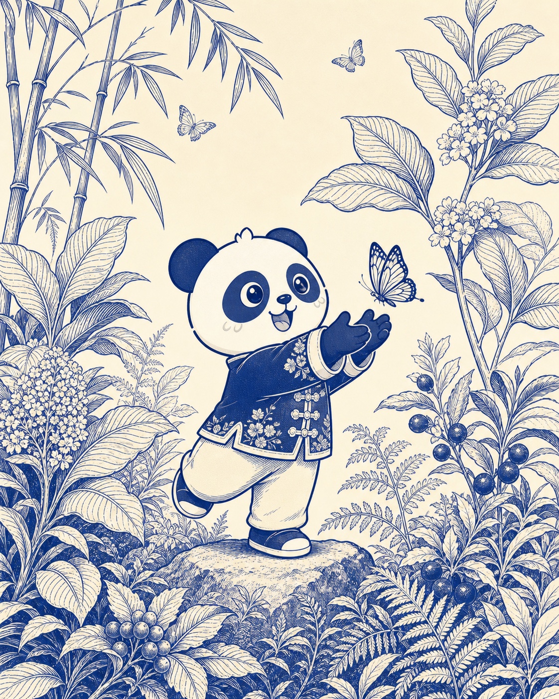 蓝白植物线描系列作品《茶园放蝶》