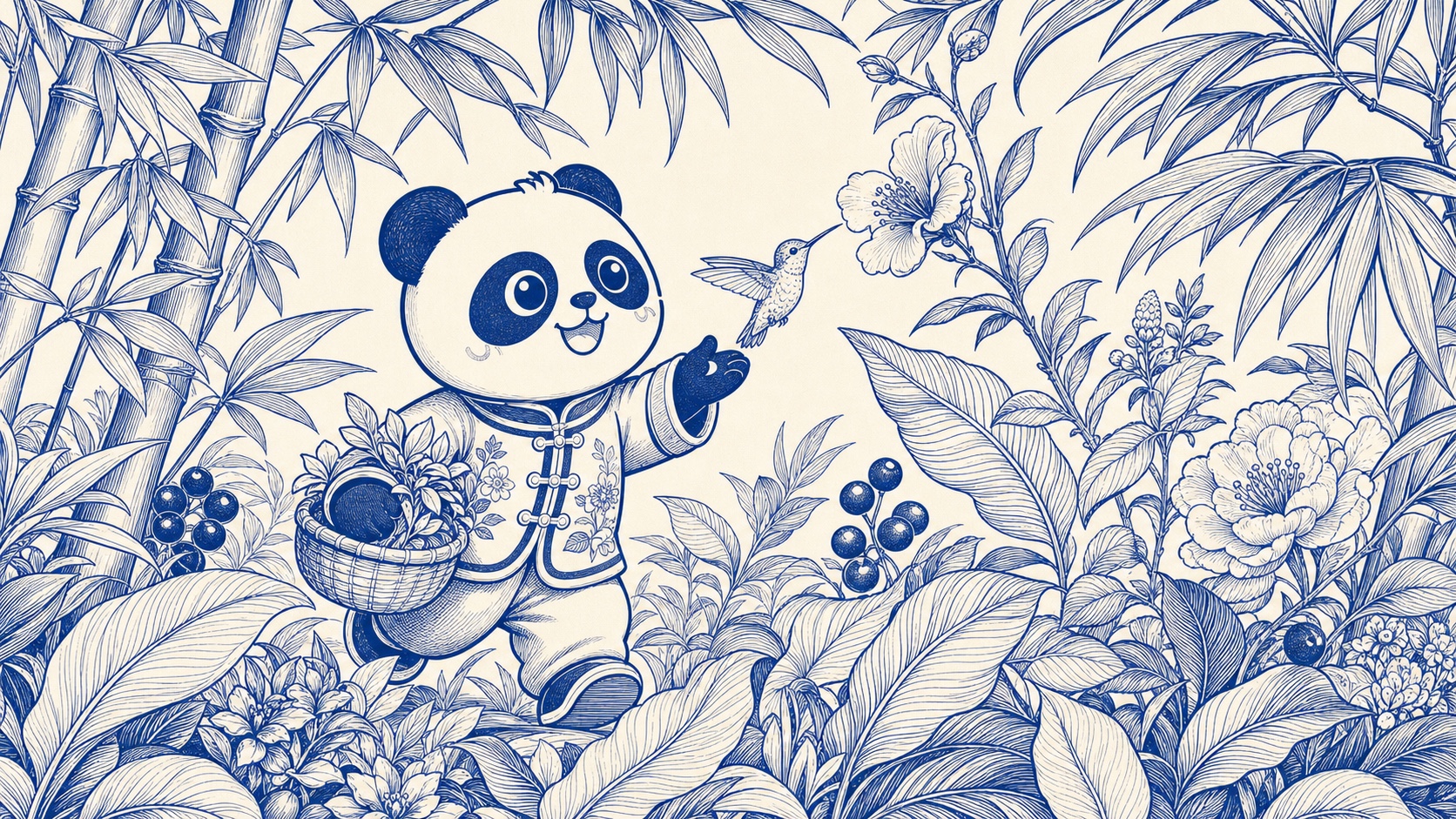 蓝白植物线描《竹林蜂鸟》