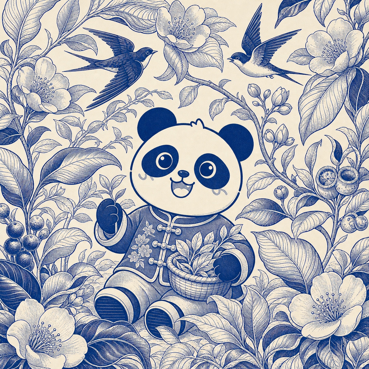 蓝白植物线描系列作品《茶树双燕》
