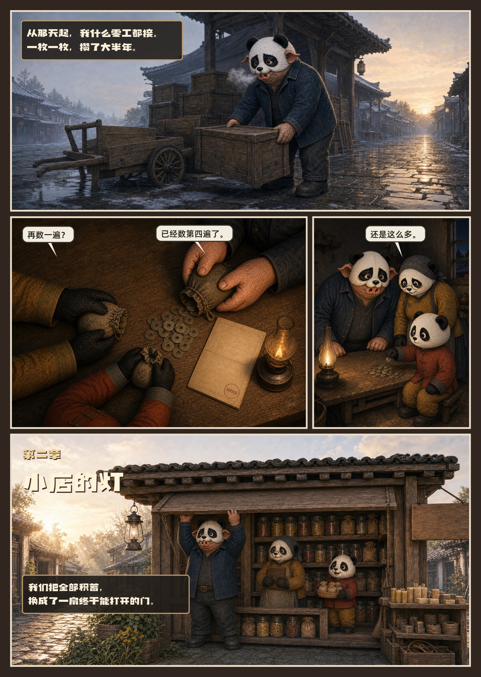 漫画《熊猫俊宇的故事》内页,厚重纹理叙事画风